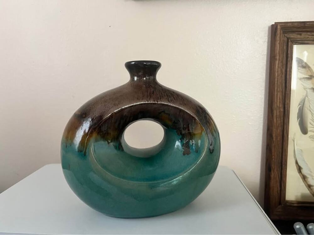 Sculptural Studio Pottery Donut Vase — Teal & Earth Drip Glaze